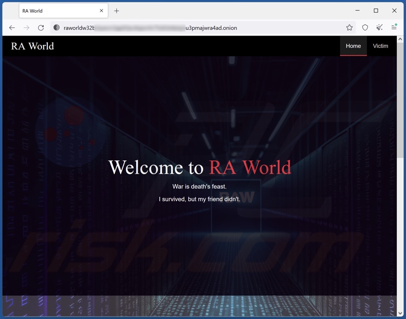 Screenshot del sito ufficiale di RA World sulla rete Tor