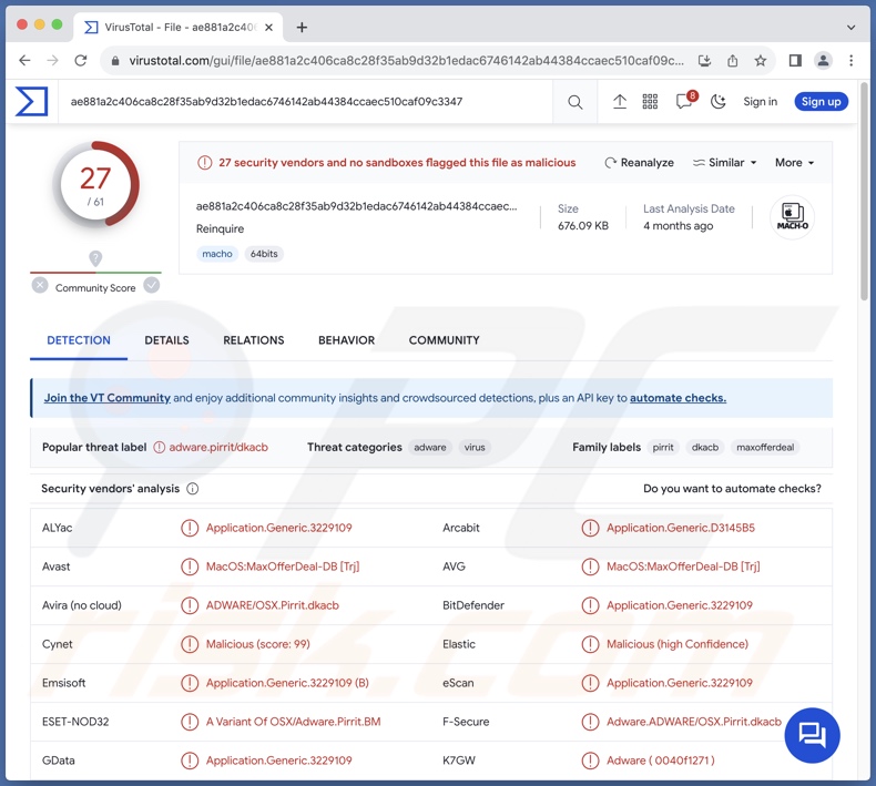 Richiedi nuovamente rilevamenti di adware su VirusTotal