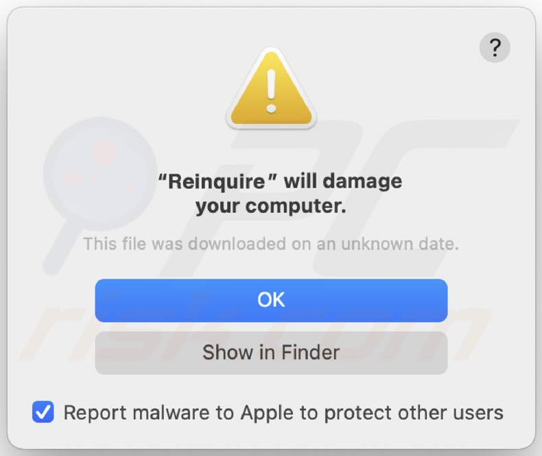 Finestra pop-up visualizzata quando l'adware Reinquire è presente nel sistema