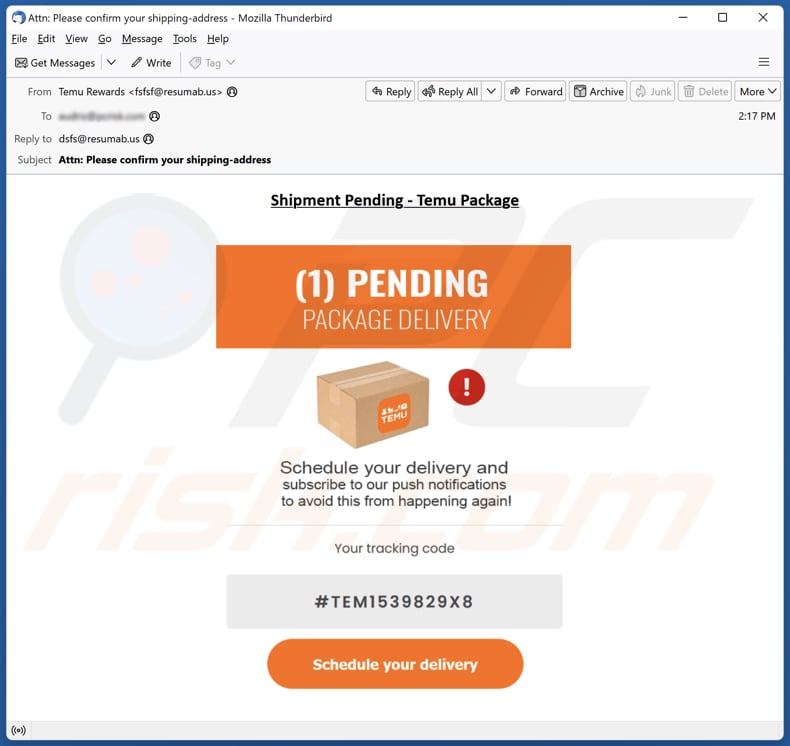 Temu - Pending Package Delivery email campagna di spam