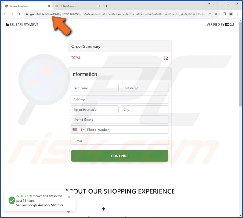 Temu - Pending Package Delivery Screenshot della pagina di phishing che richiede informazioni personali