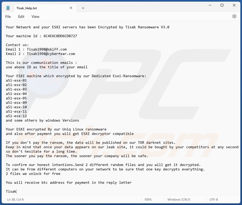 Screenshot del file di testo di Tisak (