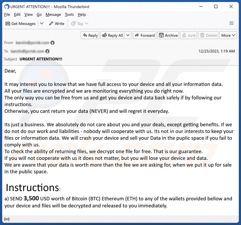 We Have Full Access To Your Device email spam campagna