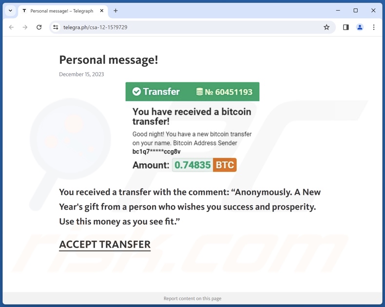 You Have Received A Bitcoin Transfer truffa