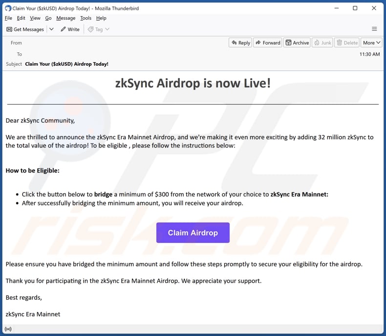 E-mail che promuove questa truffa zkSync