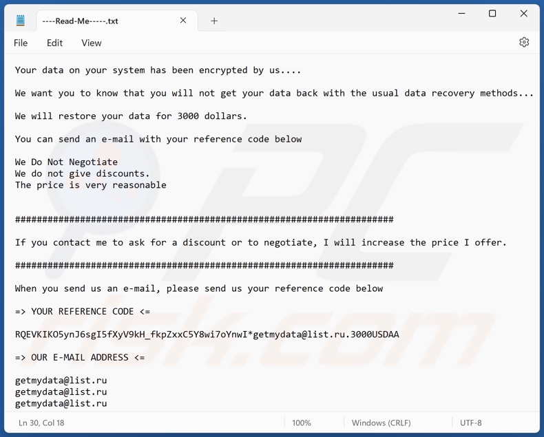 Screenshot del file di testo del ransomware 3000USDAA (