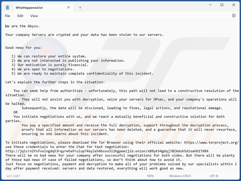 Screenshot del file di testo di Abyss (