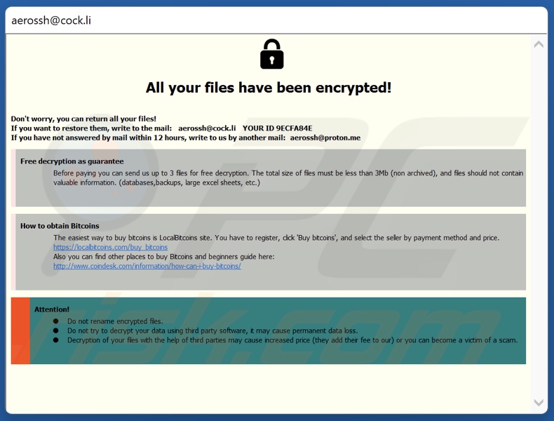 Schermata della finestra pop-up di AeR ransomware