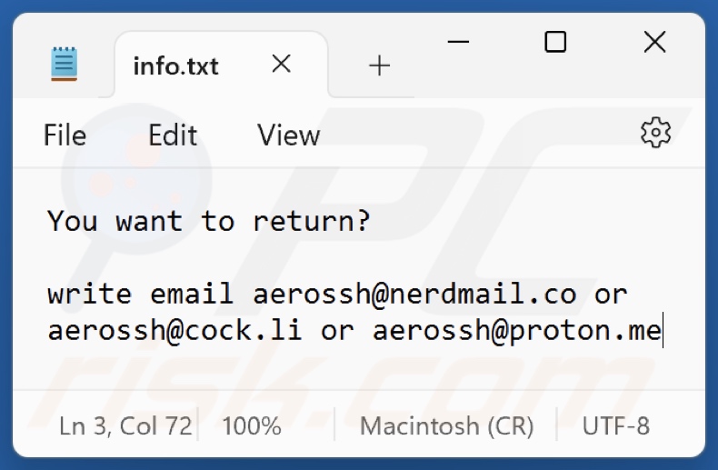 File di testo del ransomware AeR (info.txt)