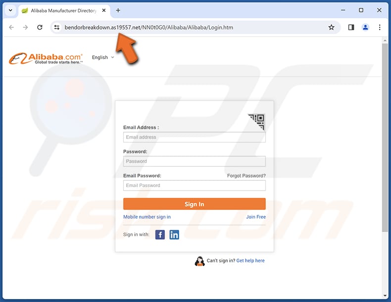 Pagina di phishing della truffa e-mail di Alibaba