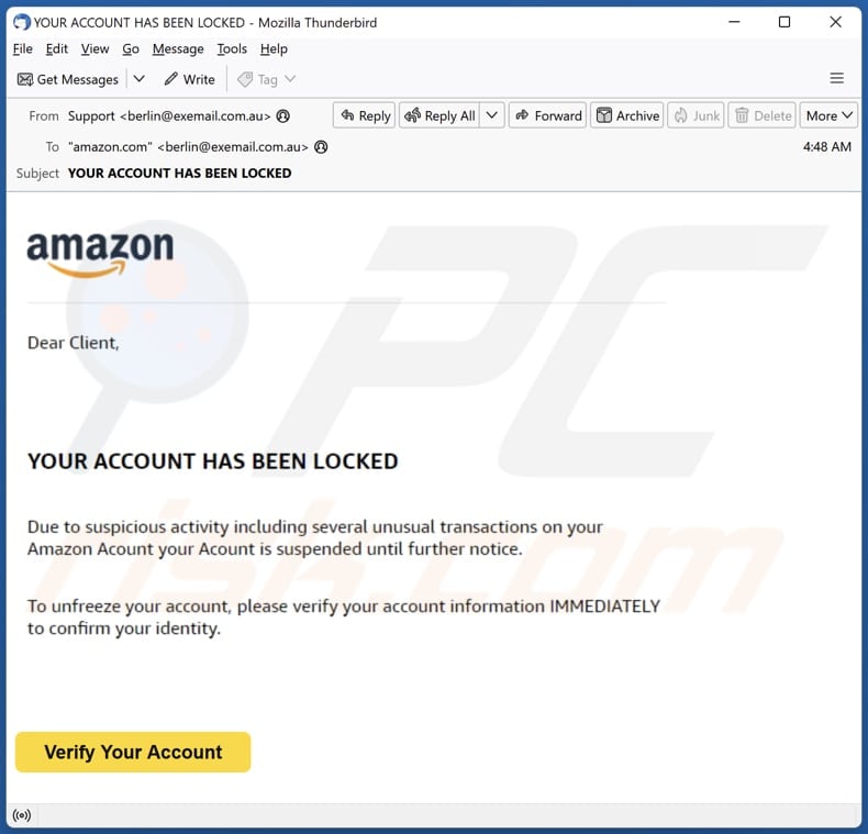Amazon - Your Account Has Been Locked campagna di spam tramite posta elettronica