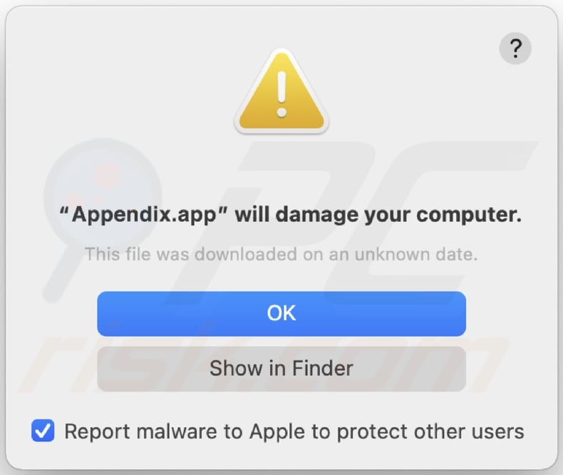 Finestra pop-up visualizzata quando nel sistema è presente l'adware Appendice.app