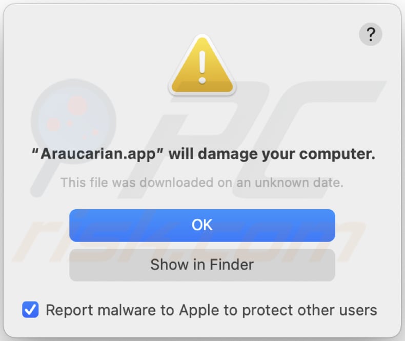 Un avviso che appare prima di installare Araucarian.app