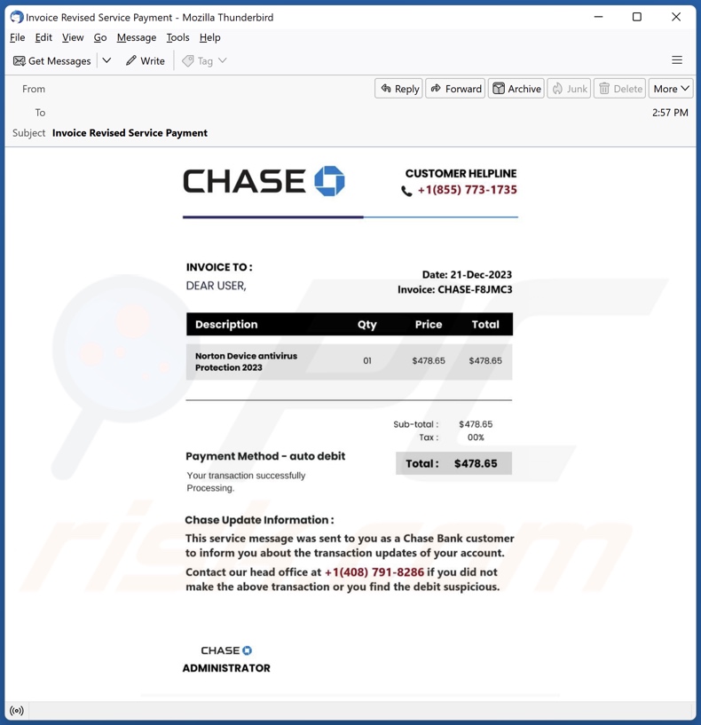 Campagna di spam e-mail di Chase Bank Invoice