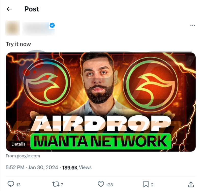 Claim Manta Post su X (Twitter) che promuove la truffa