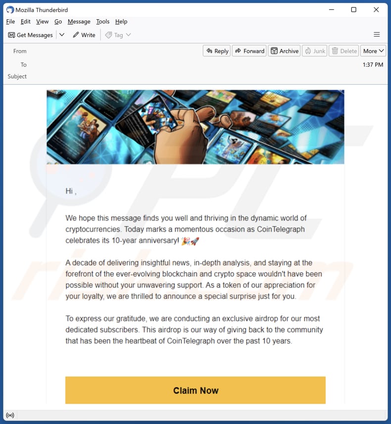 Cointelegraph's 10th Anniversary Airdrop Email che promuove questa truffa