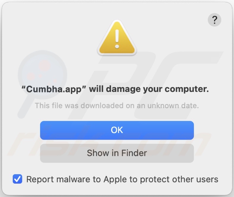 Pop-up visualizzato quando nel sistema viene rilevato l'adware Cumbha.app