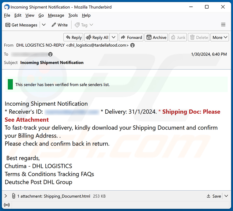 DHL - Incoming Shipment Notification email truffa (2024-02-01)