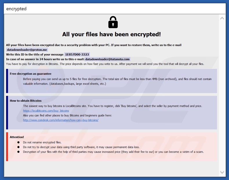 Schermata della finestra pop-up del ransomware Ebaka (