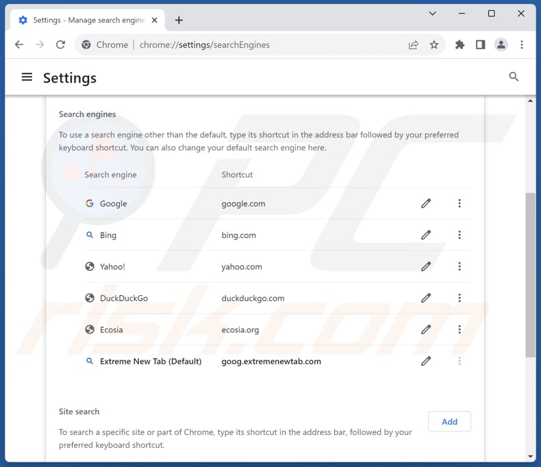 Rimozione di extremenewtab.com dal motore di ricerca predefinito di Google Chrome