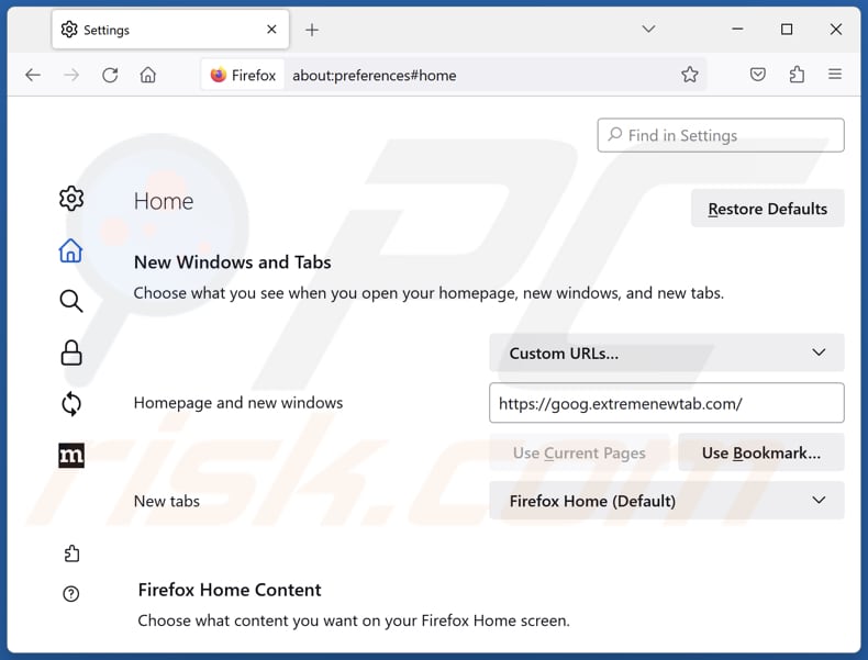 Rimozione di extremenewtab.com dalla home page di Mozilla Firefox
