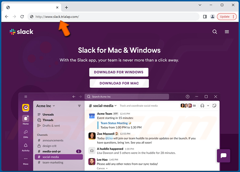 Screenshot di un falso sito di download di Slack (slack.trialap[.]com) utilizzato per diffondere il malware FakeBat insieme ad Atomic Stealer