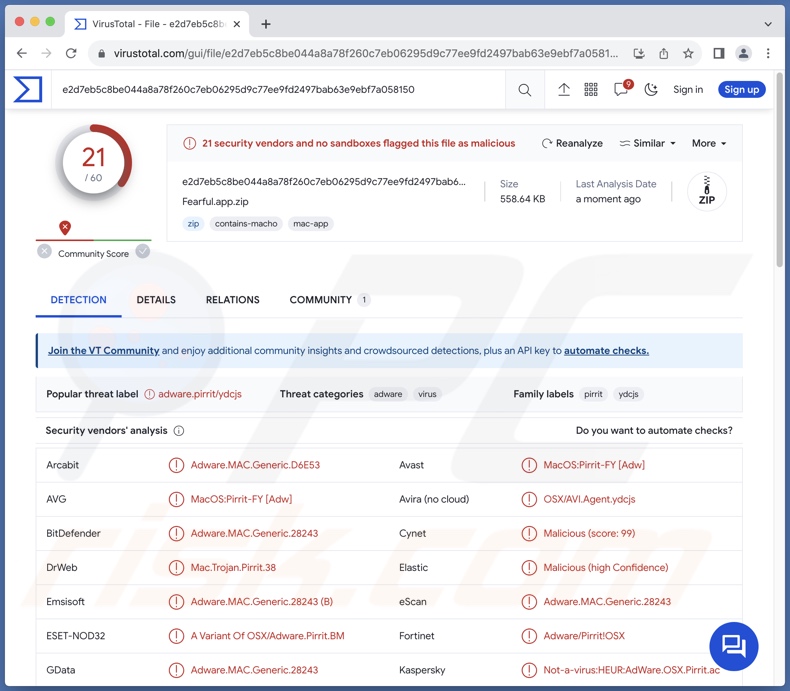 Rilevamenti di adware Fearful.app su VirusTotal