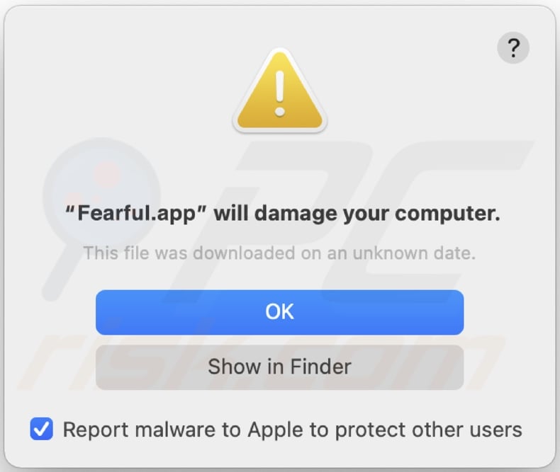 Finestra pop-up visualizzata quando l'adware Fearful.app è presente nel sistema