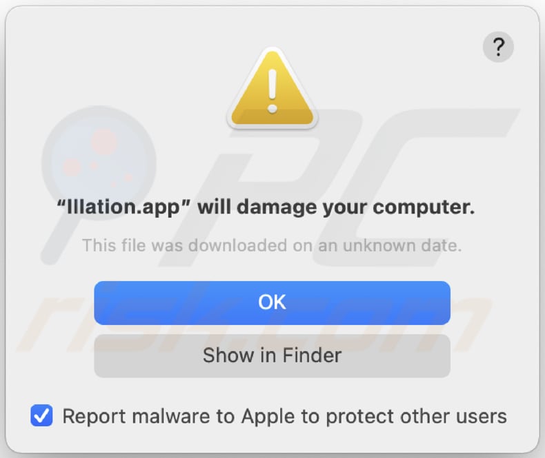 Pop-up di avviso adware Illation.app