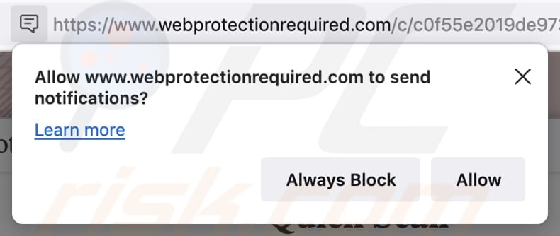 MacOS Is Infected - Virus Found Notification Richiesta di mostrare le notifiche da un sito Web su Mozilla Firefox