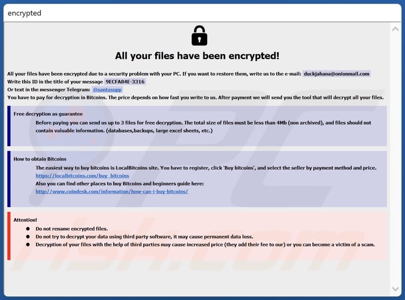 Screenshot della finestra pop-up del ransomware Mango (