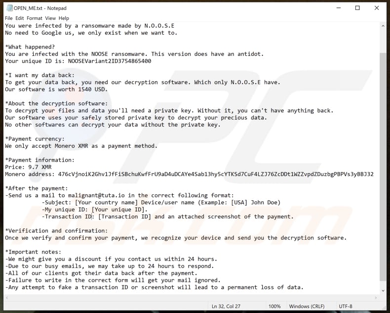 Screenshot del file di testo di NOOSE (
