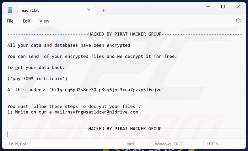 Schermata del file di testo del ransomware PIRAT HACKER GROUP (