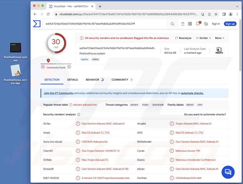 Rilevamenti di adware PositiveFocus su VirusTotal