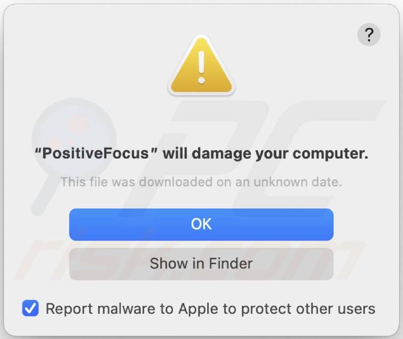 Pop-up visualizzato quando viene rilevato l'adware PositiveFocus nel sistema