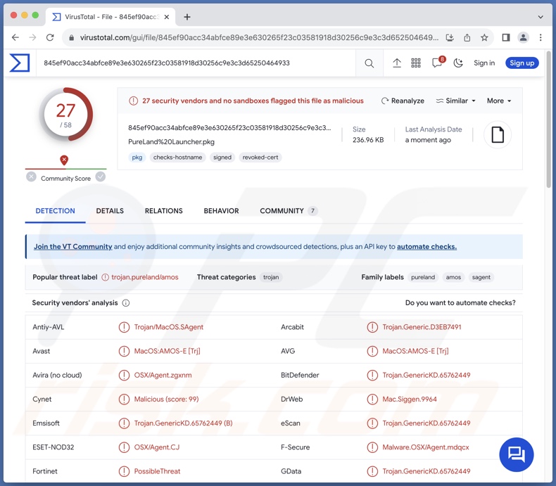 Rilevamenti di malware PureLand su VirusTotal