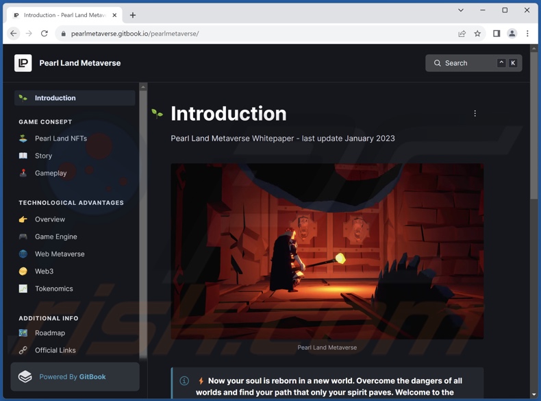 Screenshot del sito web Pearl Land Metaverse Whitepaper (rebranding di PureLand)