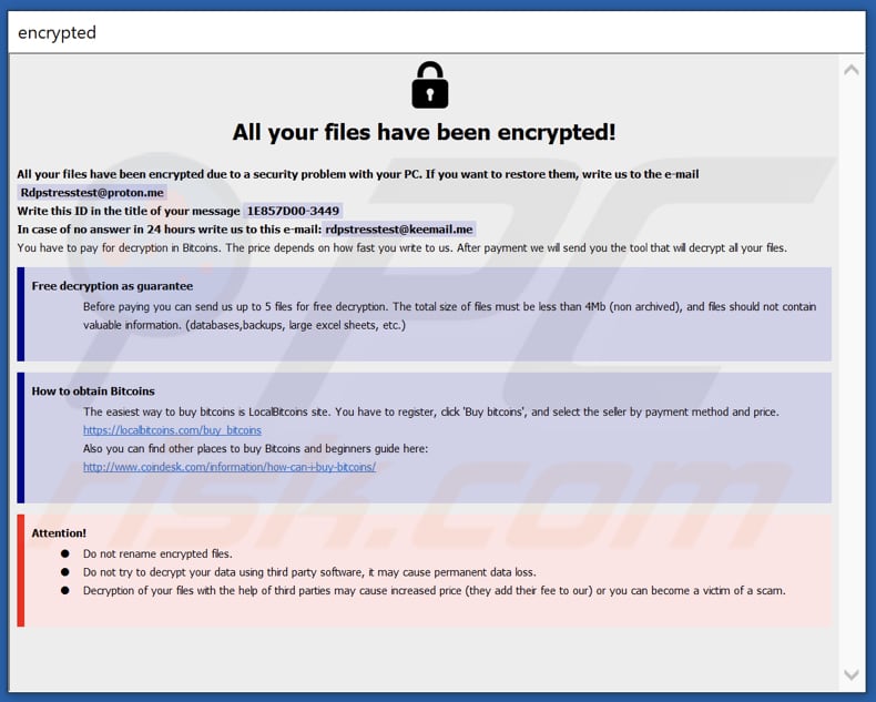 Rdptest ransomware pop-up della richiesta di riscatto (info.hta)