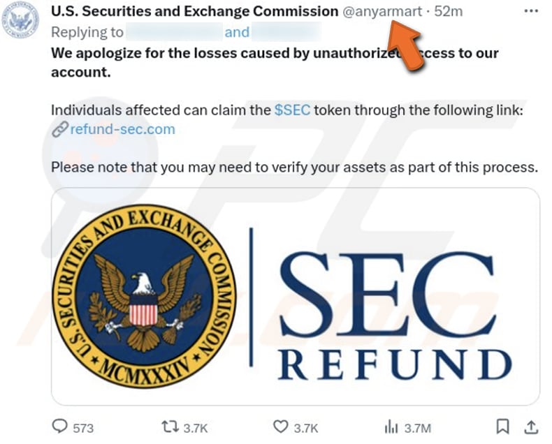 Account falso della Securities and Exchange Commission degli Stati Uniti su X (Twitter) che promuove questa truffa