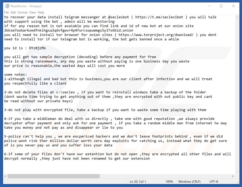 Screenshot del file di testo del ransomware Secles (