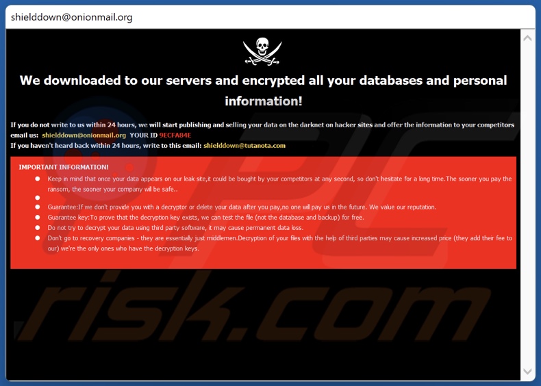 Schermata della finestra pop-up del ransomware Shiel
