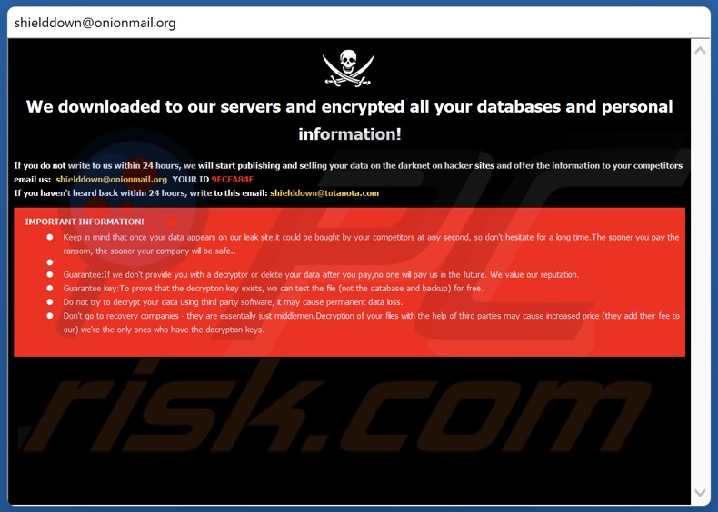 Schermata della finestra pop-up del ransomware Shiel