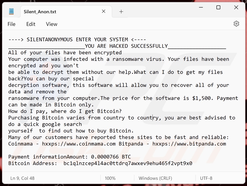 Screenshot del file di testo del ransomware SilentAnonymous (