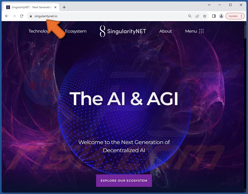 Screenshot del sito web legittimo SingularityNET (singularitynet.io)