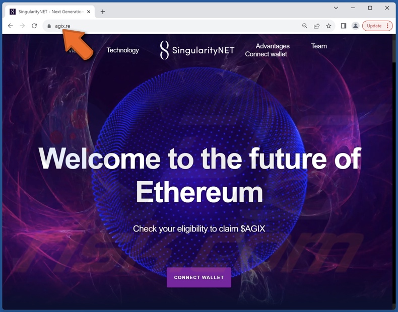 Sito web falso di SingularityNET (agix[.]re)