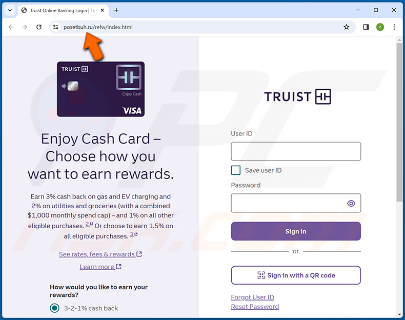 Sito di phishing promosso tramite l'email truffa Truist Online Banking Profile (2024-01-11)