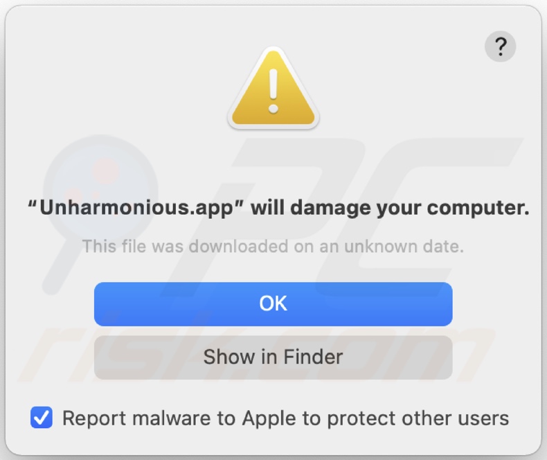 Pop-up visualizzato quando nel sistema viene rilevato l'adware Unharmonious.app