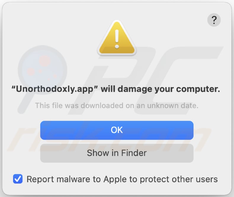 Un avviso che appare prima di installare Unorthodoxly.app