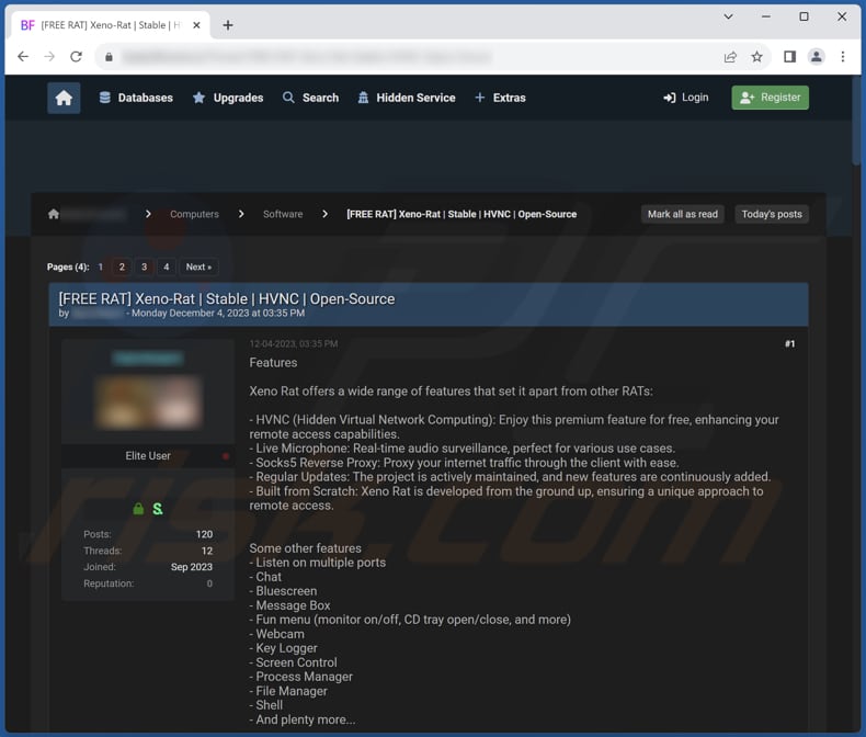 Xeno RAT promosso su un forum di hacker