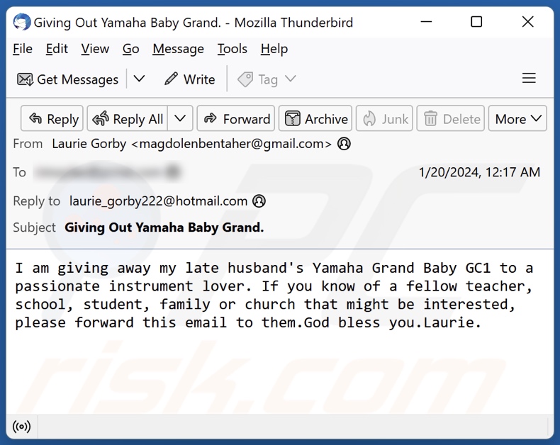 Screenshot di un'altra variante dell'e-mail di spam 